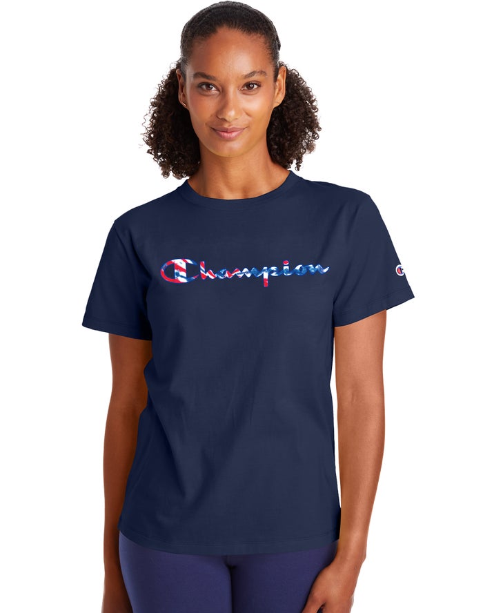 Champion Classic Script Tie-Dye Logo T-Shirt Dames - Donkerblauw - Belgie 9510DAXGT